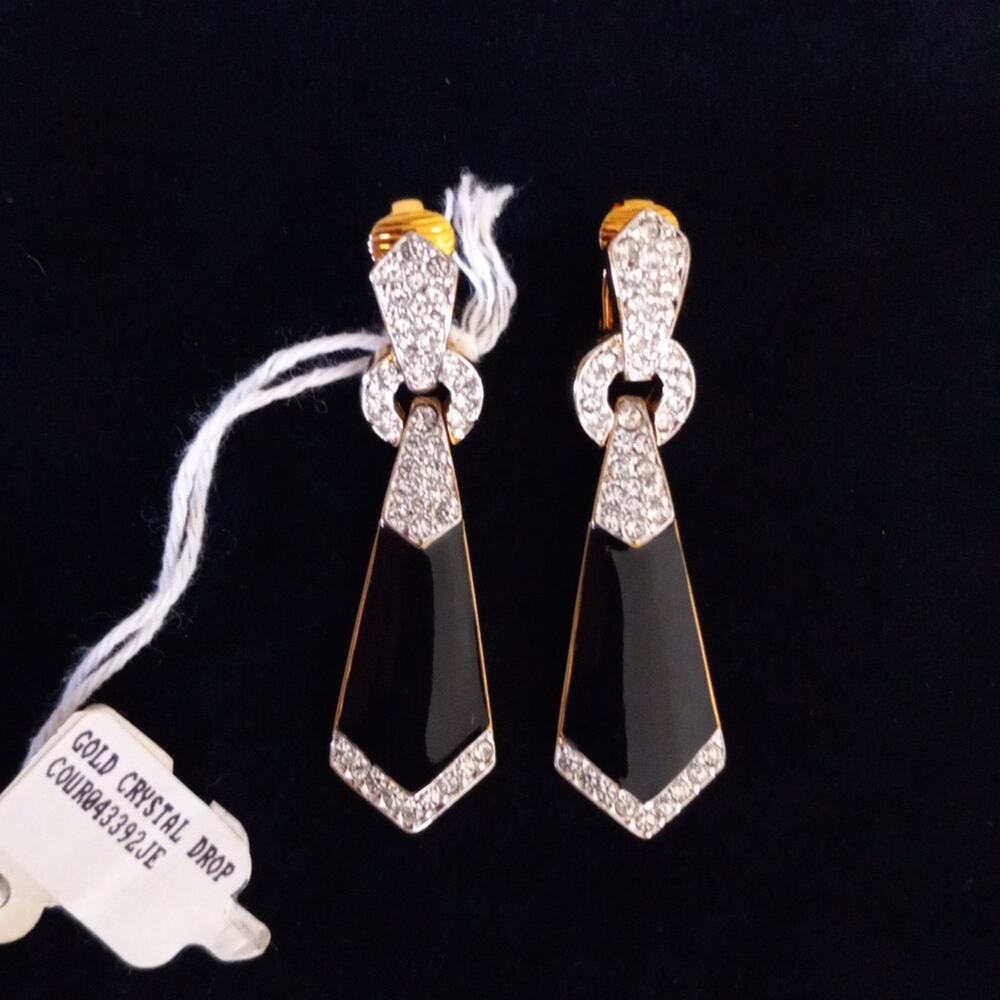 COURRÈGES PARIS -Vintage Gold-Tone Black Enamel & Crystal Drop Earrings – Signed
